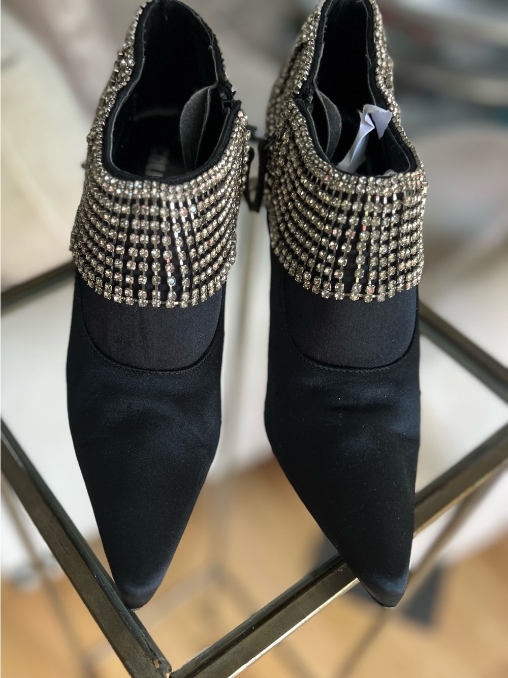 Colin Stuart Black Satin Pointed Ankle Boots with Crystal Fringe Cuff